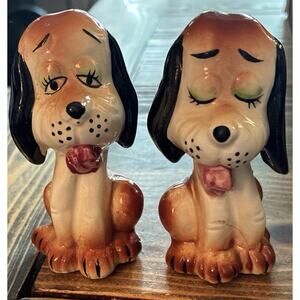 Vintage Hound Dog Salt/Pepper Shakers. Kitsche Sleepy Porcelain Brown Tan Puppy